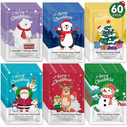 60 Pack Christmas Face Masks Skincare for Christmas Gifts, Bulk Sheet Hydrating & Soothing Facial Masks Set for Skin Care, Stocking Stuffers for Women