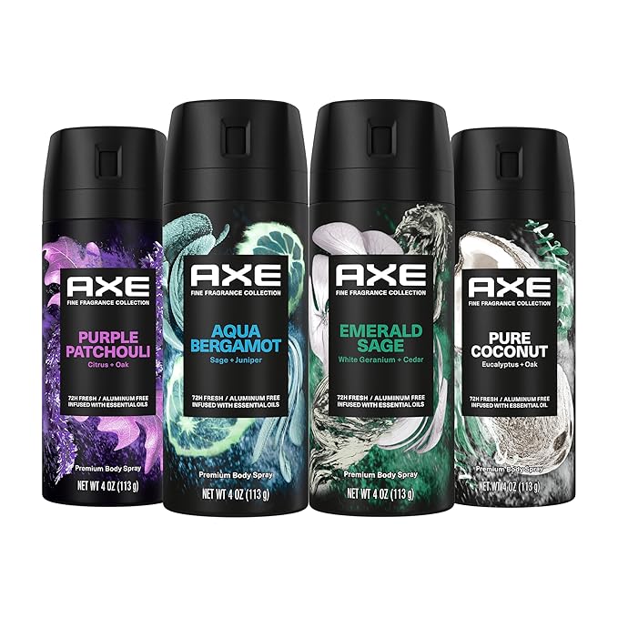 AXE Fine Fragrance Body Spray Variety Pack 4 Pack Everyday Essentials - Emerald Sage, Aqua Bergamot, Purple Patchouli, Pure Coconut Aluminum Free 4 oz