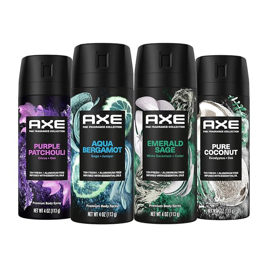 AXE Fine Fragrance Body Spray Variety Pack 4 Pack Everyday Essentials - Emerald Sage, Aqua Bergamot, Purple Patchouli, Pure Coconut Aluminum Free 4 oz