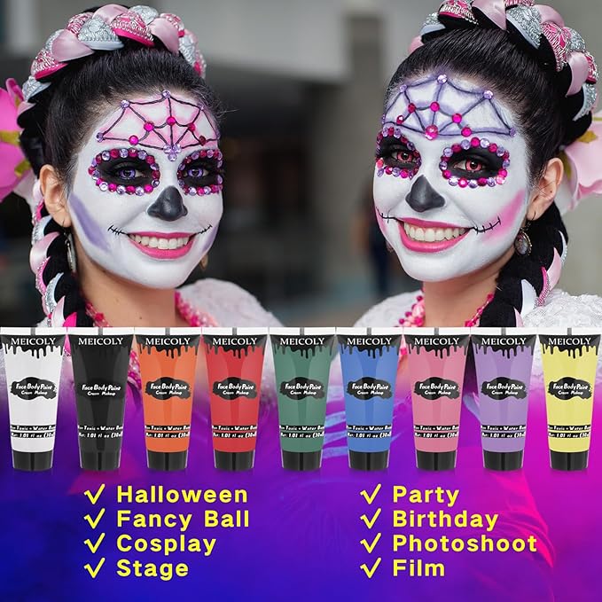 MEICOLY 9 Colors Face Body Paint Set,1.01x9oz/Box,Water Based Washable Face Paint for Adult Kid,Elphaba Green Face Paint,Safe Body Paint for Skin,Red White Blue Face Painting Kit for Halloween Makeup