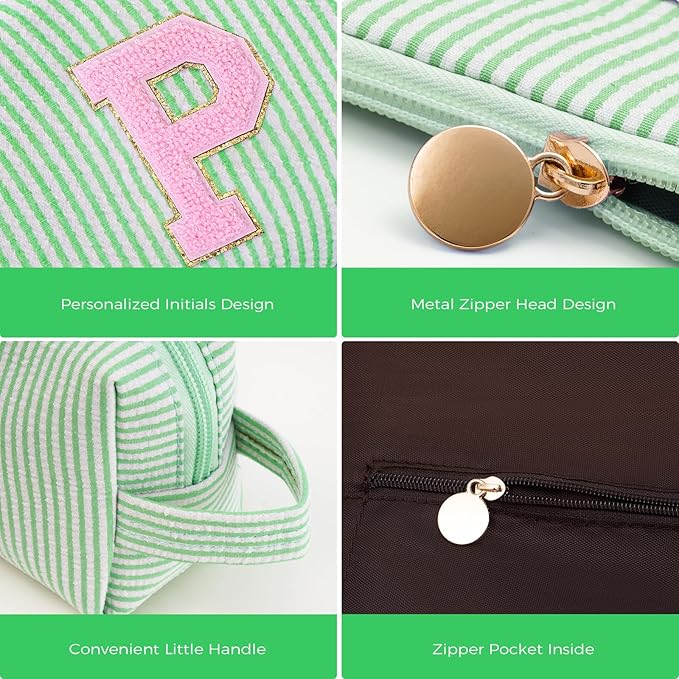 Personalized Makeup Bag for Women Girls - Fashion Cosmetic Bag Trendy Travel Toiletry Bag with Initials Letter - Teen Gifts - Green,P