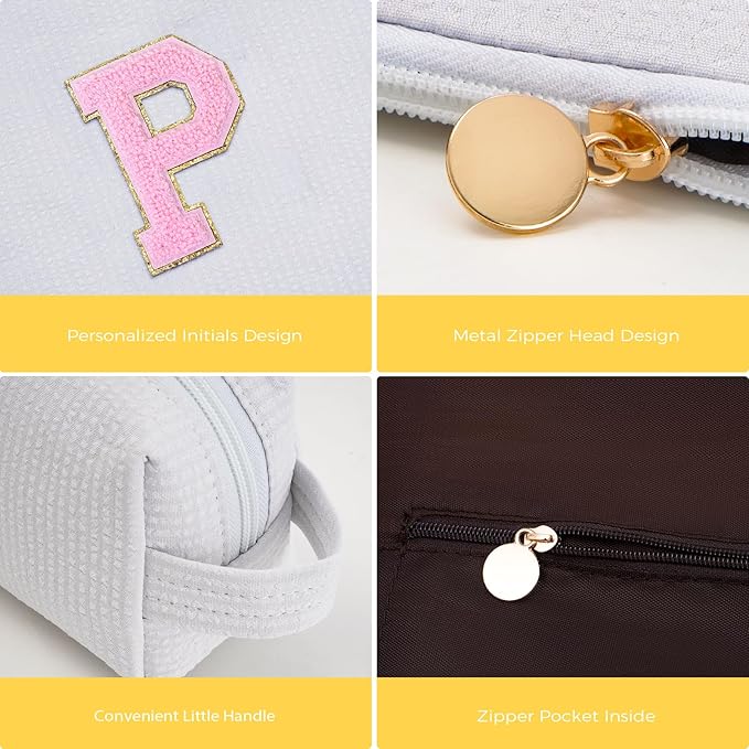 Personalized Makeup Bag for Women Girls - Fashion Cosmetic Bag Trendy Travel Toiletry Bag with Initials Letter - Teen Gifts - White,P