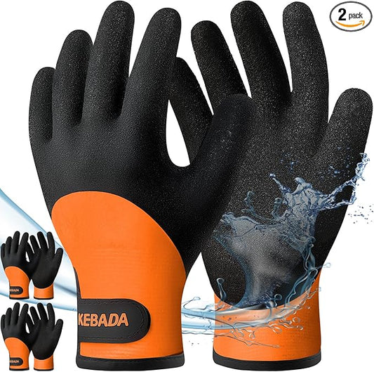 Kebada T2 Waterproof Work Gloves for Men and Women, Thermal Warm Winter Working Gloves, Insulated Freezer Gloves for Cold Weather, 100% Latex Coating, Wrist Closure, 2 Pairs, Orange, X-Large