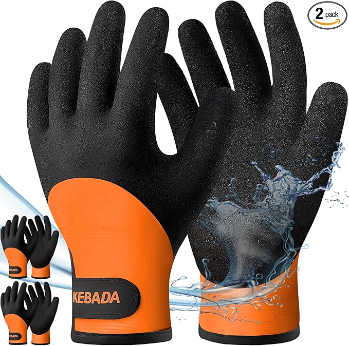 Kebada T2 Waterproof Work Gloves for Men and Women, Thermal Warm Winter Working Gloves, Insulated Freezer Gloves for Cold Weather, 100% Latex Coating, Wrist Closure, 2 Pairs, Orange, Small
