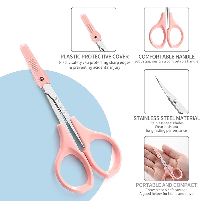 PAFASON Stainless Steel Curved and Straight Beauty Cosmetic Eyebrow Grooming Scissor Set with Safety Cap for Trimming Shaping Eyelash Extensions