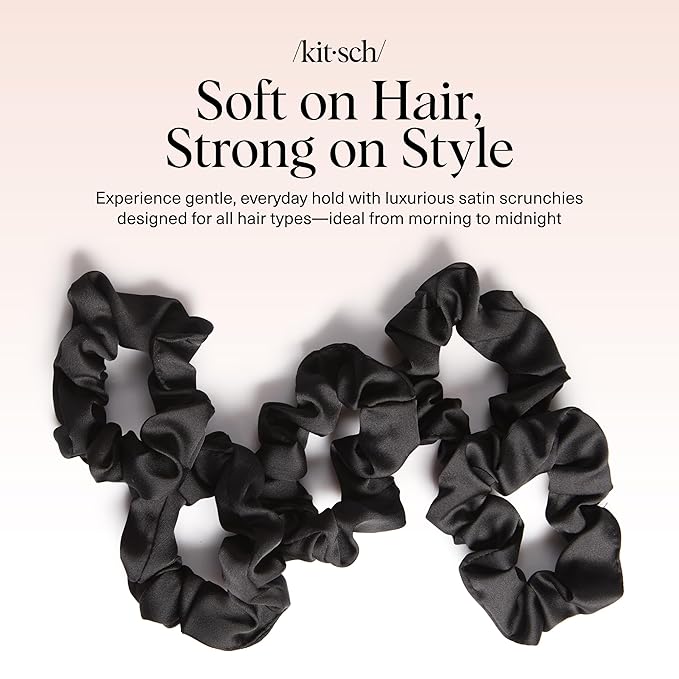 Kitsch Satin Scrunchies for Women – No Crease Hair Ties – Soft Satin Hair Scrunchies for Girls – Frizz Free, Gentle, Stylish Hair Accessories | Ideal Gifts for Women – Black, 5 pcs