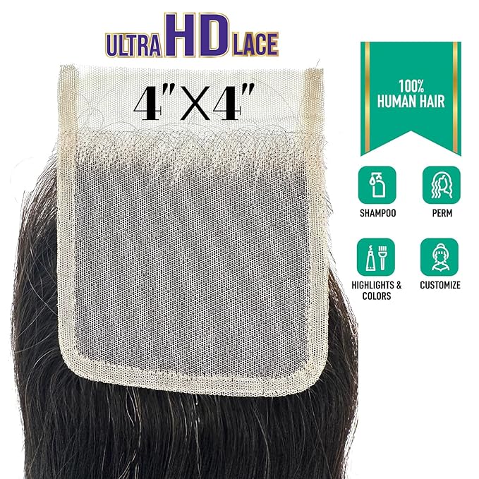 Foxy Silver Lady HD Lace Closure, 4x4 Pre-Plucked Hand-Tied Human Hair Lace Piece, Unprocessed Brazilian Natural Hair, Invisible Seamless Closure Piece, 35g (Natural Brown, 18)