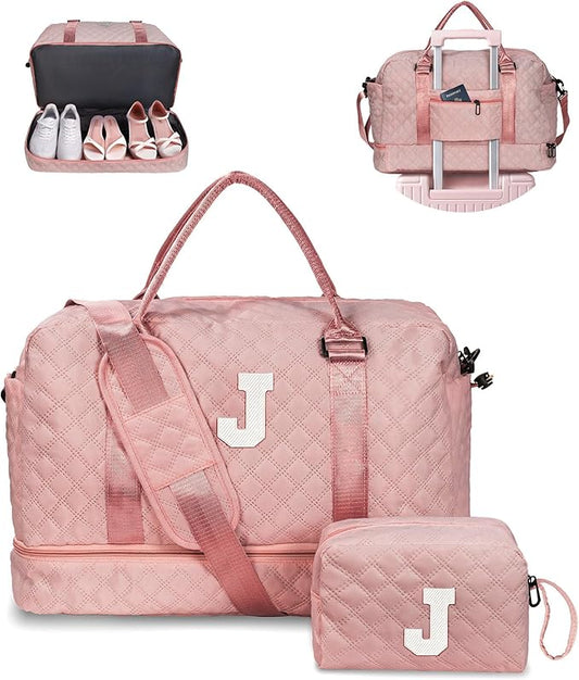 Birthday Gifts for 4 5 6 7 8 9 10 11 12 13 14 Year Old Girls-Duffle Bag with Shoe Compartment, Personalized Weekender Bag, Overnight Bag for Women, Travel Bag with Makeup Bag (Letter J)
