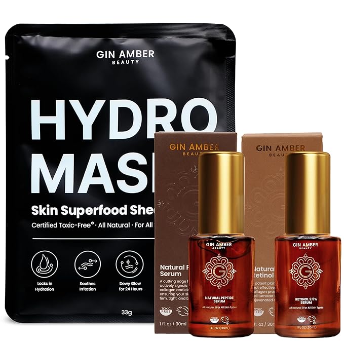 Gin Amber Beauty Superfood Sheet Mask + Peptide Serum + Retinol Serum Package