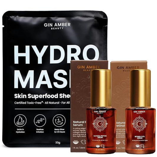 Gin Amber Beauty Superfood Sheet Mask + Peptide Serum + Retinol Serum Package
