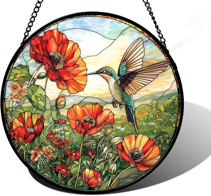 Stained Glass Window Hanging, Hummingbirds Orange Flowers Suncatcher Diamond Glass Panel Hangings Sun Catchers Decor for Birthday for Women, Men, Wife, Aunt, and Mom 7.8 in