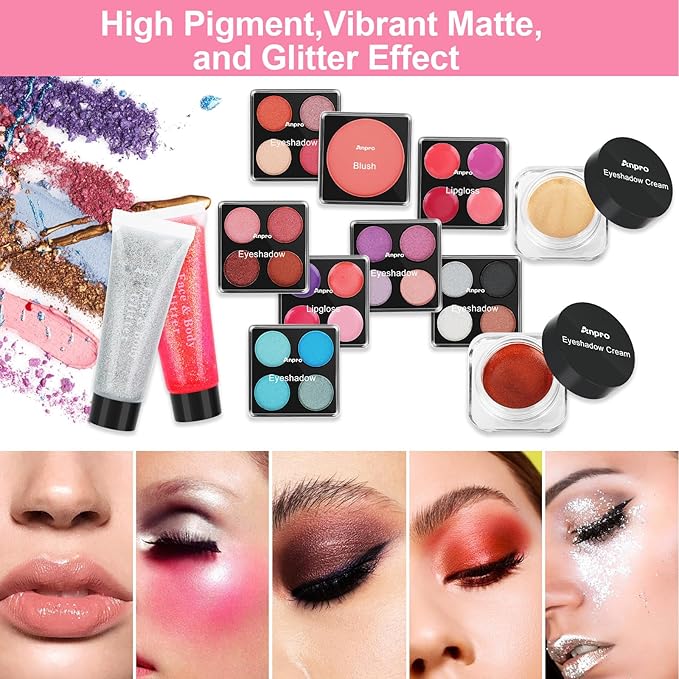 Anpro All-In-One Makeup Carry Case with Pro Teen Makeup Set, Full Starter Cosmetics Kit with Makeup Brushes, Lipsticks, Eye Shadows Palette, Blushes, Glitter Gel-Pink Leopard