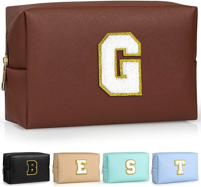 TOPEAST Travel Makeup Bag, Personalized Initial Toiletry Bag w Zipper, Cute Makeup Pouch, PU Leather Waterproof Cosmetic Bag, Birthday Gift for Daughter, Preppy Things for Girls (Brown G)