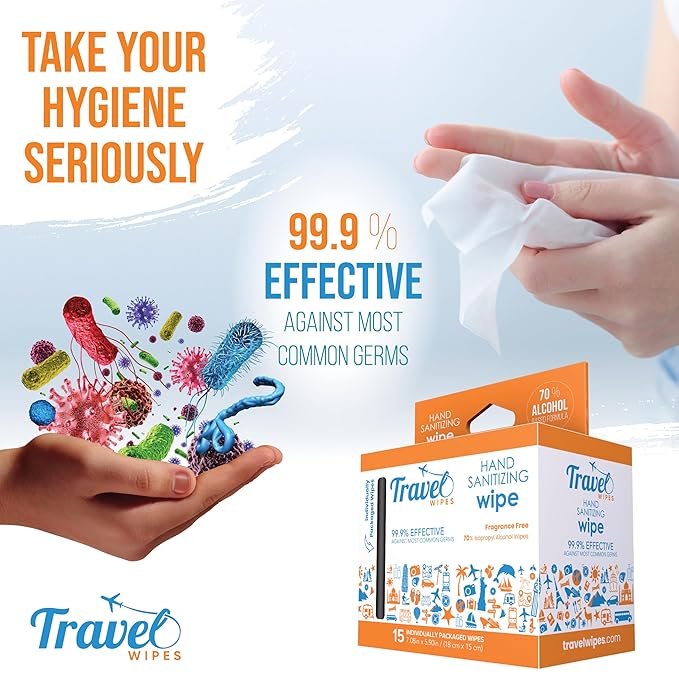 Hand Sanitizing Travel Wipes – 15ct Individually Wrapped | Fragrance-Free, Moisturizing, 70% Isopropyl Alcohol Wipes | Travel, Home, Office, Daily Use | Made in USA