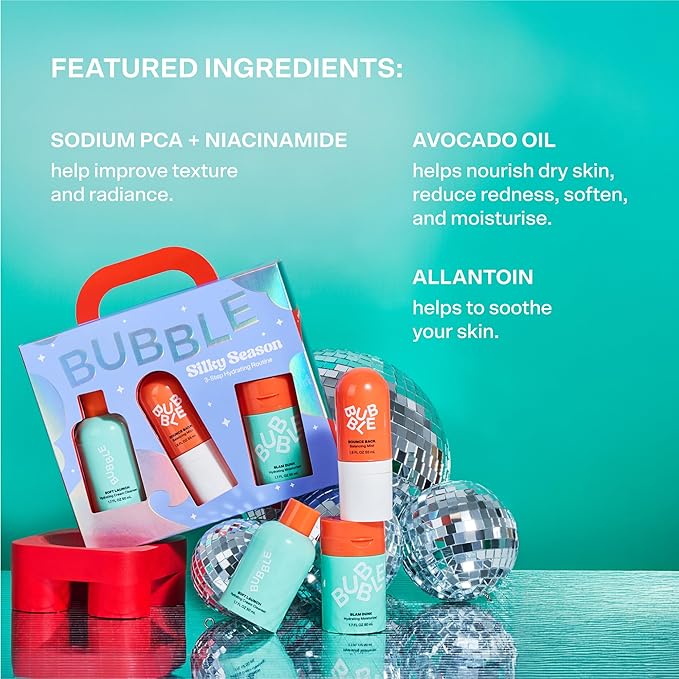 Bubble Skincare Silky Season 3-Step Hydrating Skin Care Set - Travel Size Skincare for Dry Skin - Soft Launch Cream Cleanser, Bounce Back Hydrating Toner Spray & Slam Dunk Moisturizer (3 Count)