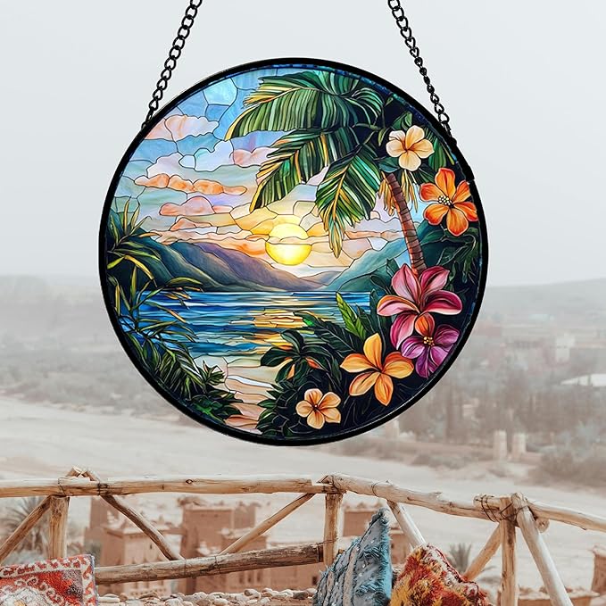 Stained Glass Window Hanging, Colorful Landscape Suncatcher for Doors Home Sun Catchers Decoration and Christmas, Mother's Day Birthday Gifts for Women, Men, and Mom 14.9x14.9 in
