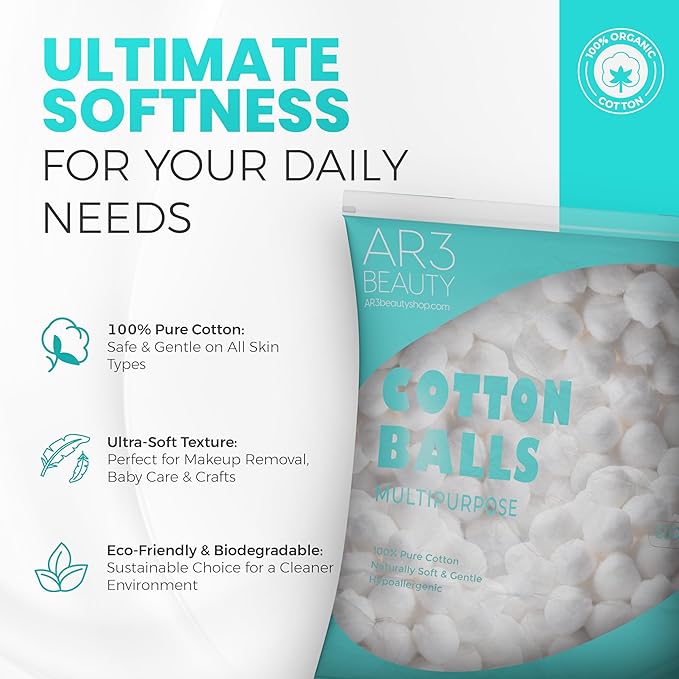 100% Pure Cotton Balls—Ultra-Soft, Absorbent, Multipurpose for Skincare, Makeup Removal, Baby Care, First Aid, Crafts—Hypoallergenic & Lint–Free—Large 1000/Pk for Home, Salon & Medical Use.