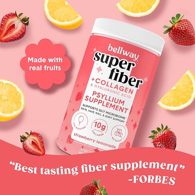 Bellway Super Fiber Powder + Collagen, Sugar-Free Psyllium Husk Powder with Collagen Peptides and Hyaluronic Acid for Gut Health, Healthy Skin, Nails, Bones & Joints, Strawberry Lemonade (11 Servings)