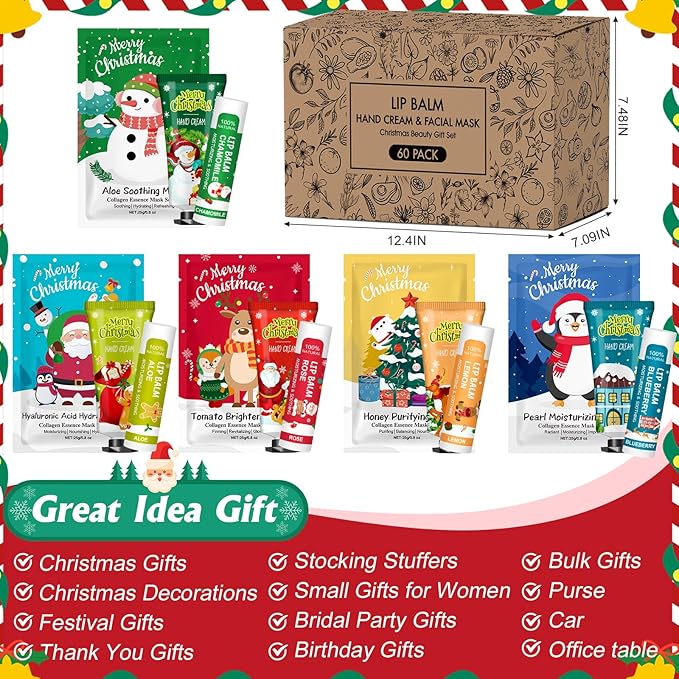 60 Pack Christmas Hand Cream, Facial Mask and Lip Balm Set, Christmas Stocking Stuffers for Women, Bulk Christmas Gifts for Coworkers, Christmas Party Supplies, Party Favors and Christmas Decorations