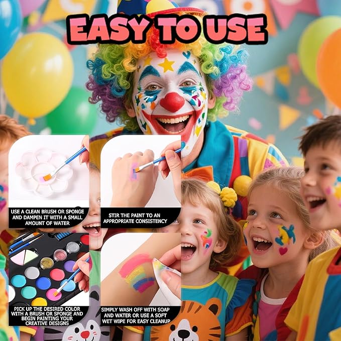 Vaneria 24 Colours Body & Face Paint Set - Quick-Drying,Water-Based Formula with Fluorescent Pens,Hair Coloring Combs,Glitter,Stencils & Brushes for Halloween, Party, Cosplay