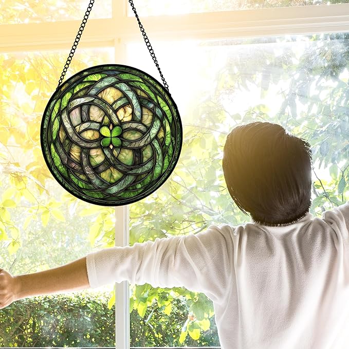 Stained Glass Window Hanging, Abstract Green Clover Sun Catchers Colorful Glass Panel Bless Suncatcher Decor for Birthday for Women, Men, Wife, Aunt, and Mom 11.8x11.8 in