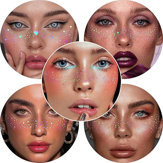 10Pcs Face Makeup Patches, Glitter Freckles Face Tattoo for Teenagers & Young Women, Sparkle Freckles Makeup Patches, Waterproof Face Glitter Freckles for Christmas (10PcsA Holographic Multicolor)