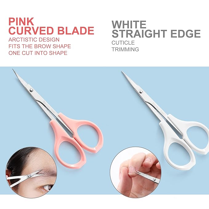 PAFASON Stainless Steel Curved and Straight Beauty Cosmetic Eyebrow Grooming Scissor Set with Safety Cap for Trimming Shaping Eyelash Extensions