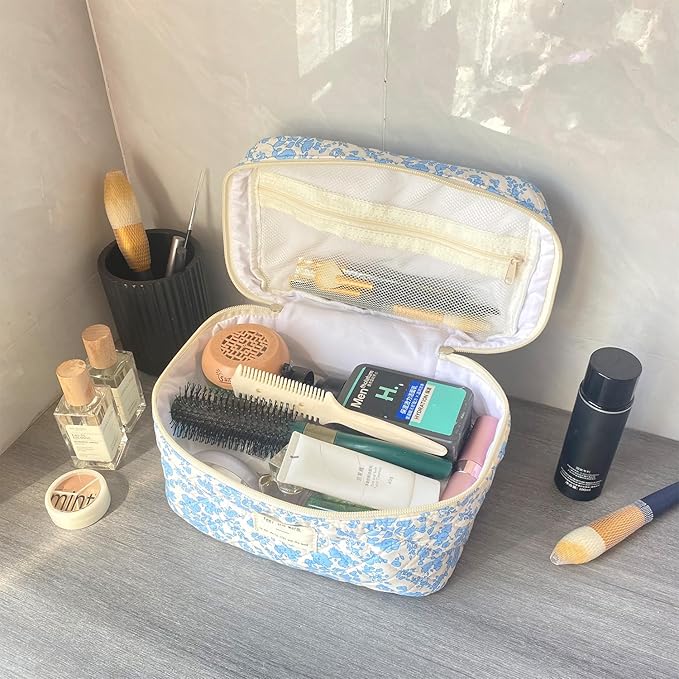 Blue Large Quilted Floral Makeup Bag Cute Soft Coquette Aesthetic Cosmetic Bag Cotton Travel Toiletry Bag for Women