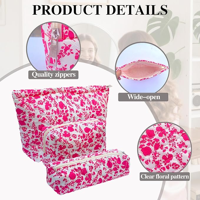 3 Piece Rose Red Quilted Floral Makeup Bag Set Small Cosmetic Bag For Women Cute Cotton Makeup Pouch For Purse
