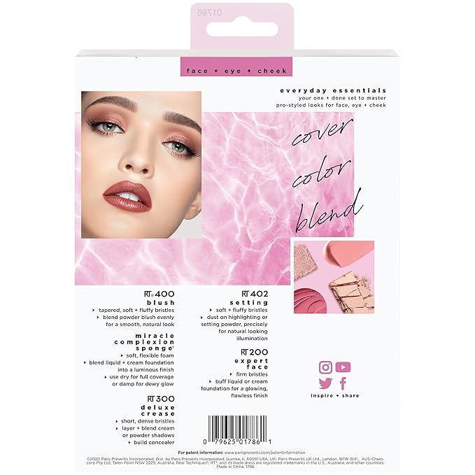 Real Techniques 5 Piece Everyday Essentials Makeup Brush Set, Includes 4 Brushes & Makeup Sponge, For Foundation, Blush, Bronzer, Contour, Eyeshadow, & Powder, Travel Gift Set, Cruelty-Free & Vegan