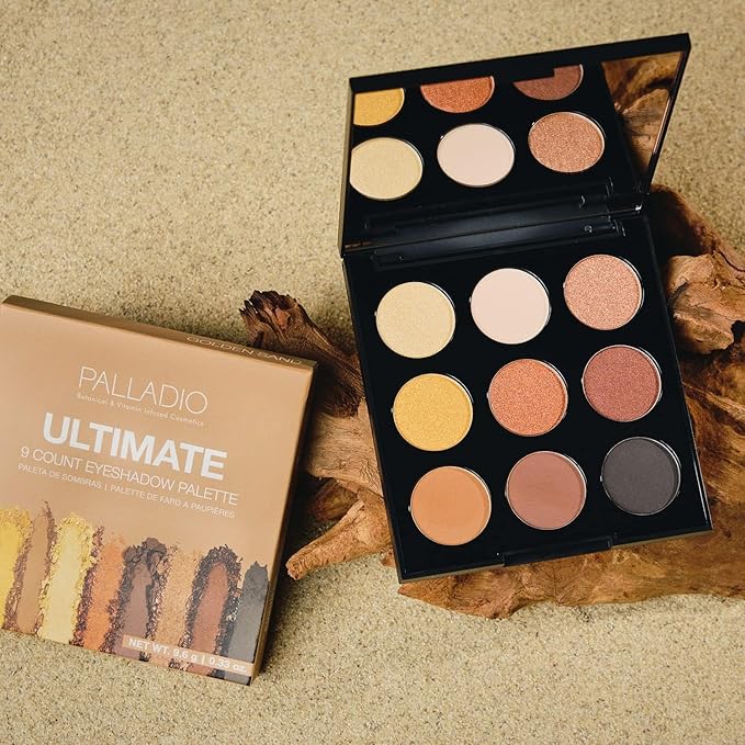 Palladio Ultimate 9-Count Eyeshadow Palette, Talc-Free Formula, High Pigmented Shades in A Mix of Matte & Shimmer Finishes, Blendable Long Lasting Colorful Professional-Grade Makeup (Golden Sands)