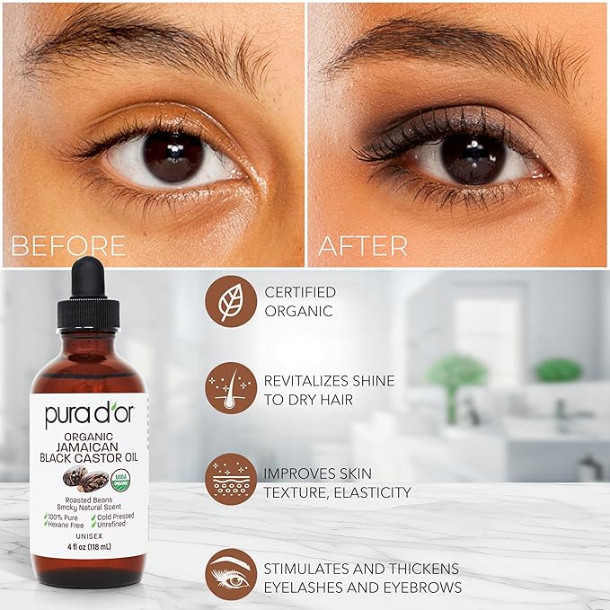 PURA D'OR 4 Oz ORGANIC Jamaican Black Castor Oil - Natural Smoky Scent - 100% Pure USDA Certified Cold Pressed, Hexane Free Eyelash & Eyebrow Serum - For Fuller, Thicker Lashes & Brows - Skin & Hair