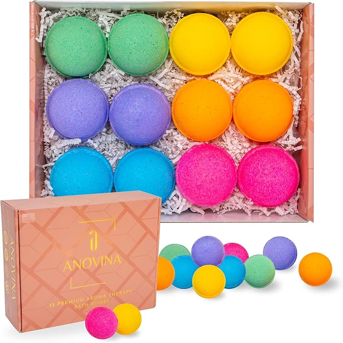 Natural Bath Bombs for Women & Men – Handmade in USA Gift Set with Essential Oils, Shea Butter & Epsom Salt – Non Toxic Spa Bath Bombs for Sensitive Skin – Anovina Relaxation Gift