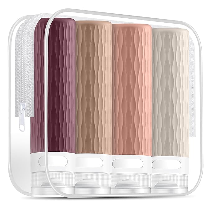 Travel Bottles for Toiletries, TSA Approved 3.4oz Travel Size Containers, BPA Free Leak Proof Silicone Traveling Bottles, Refillable Travel Essentials Kits for Shampoo Conditioner(4 Pack)-B