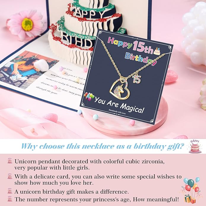 Hidepoo Birthday Unicorns Gifts for Girls - Unicorn Necklace Birthday Gift for 3-16 Year Old Girl Colorful CZ Heart Pendant Unicorn Necklace for Girls Gifts Jewelry