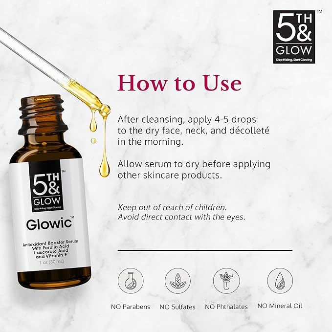 5th & Glow Glowic Anti-Aging Serum for Women – Antioxidant Serum for Face - Contains Hyaluronic Acid and Vitamin C – Reduces the Appearance of Dark Spots, Fine Lines, and Wrinkles, 1 oz