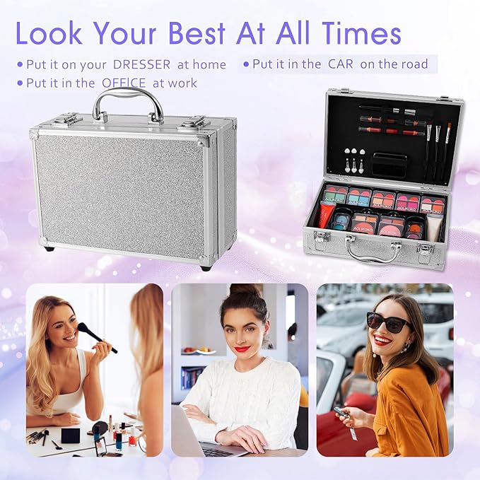 Makeup Kit for Teenager & Women Full Kit, All- In- One Makeup Set With The Cosmetic Train Case, Professional Makeup Kit, Makeup Gift Set for Women Girls(silver)