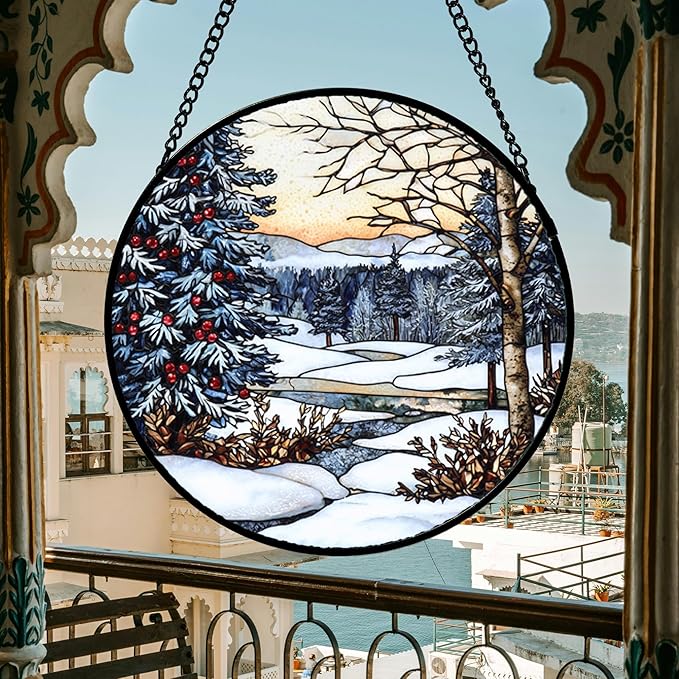 Stained Glass Window Hanging, Winter Snow Landscape Suncatcher Diamond Glass Panel Sun Catchers Decor for Birthday for Women, Men, Wife, Aunt, and Mom 14.9 in