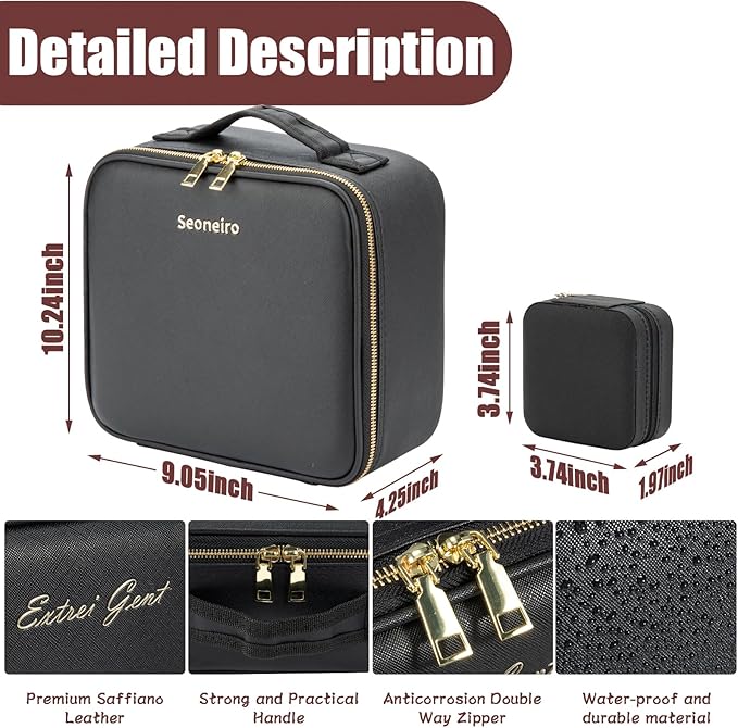 Makeup Travel Train Case with Mirror LED Light 3 Adjustable Brightness Large Cosmetic Bag Portable Storage Adjustable Partition Waterproof Makeup Brushes Make up Jewelry Gift for Women