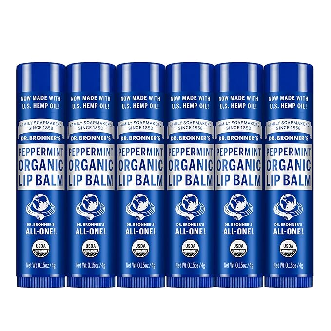 Dr. Bronner's - Organic Lip Balm (Peppermint, 0.15 ounce, 6-Pack) - Made with Organic Beeswax and Avocado Oil, For Dry Lips, Hands, Chin or Cheeks, Jojoba Oil for Added Moisture, Cooling and Hydrating