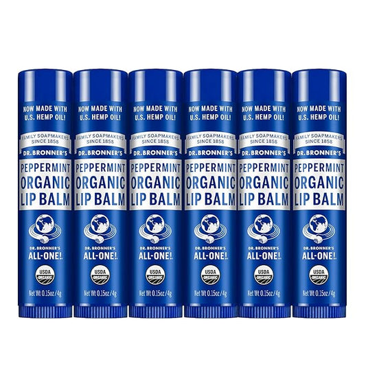 Dr. Bronner's - Organic Lip Balm (Peppermint, 0.15 ounce, 6-Pack) - Made with Organic Beeswax and Avocado Oil, For Dry Lips, Hands, Chin or Cheeks, Jojoba Oil for Added Moisture, Cooling and Hydrating