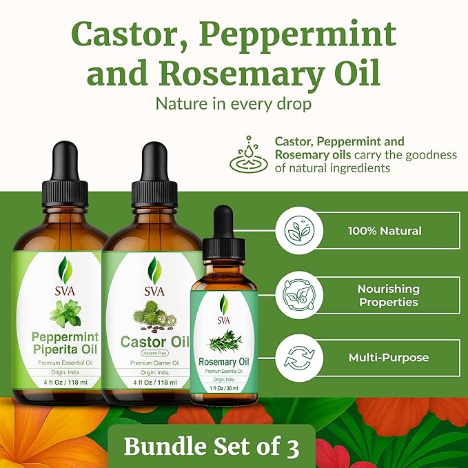 SVA Castor Oil 4oz, Peppermint Essential Oil 4oz and Rosemary Essential Oil 1oz Bundle Super Saver Combo – Premium Grade Value Set for Scalp Massage, Hair Care, Skin Care, Body Massage & Aromatherapy