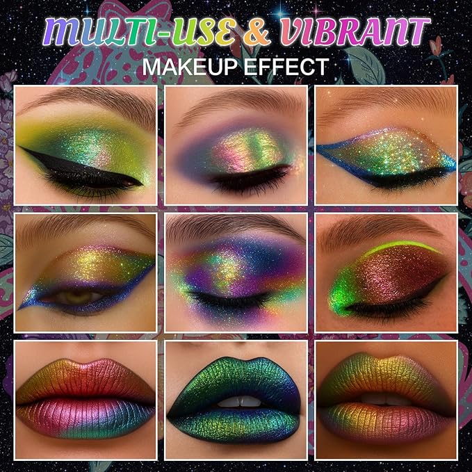 UCANBE Chameleon Multichrome Eyeshadow Palette, 10 Colors Shifting Chromatic Sparkling Metallic Eye Shadow, Multi-Use Blendable Holographic Glitter Shimmer Eye Makeup Palllet (Lunar Mirage)