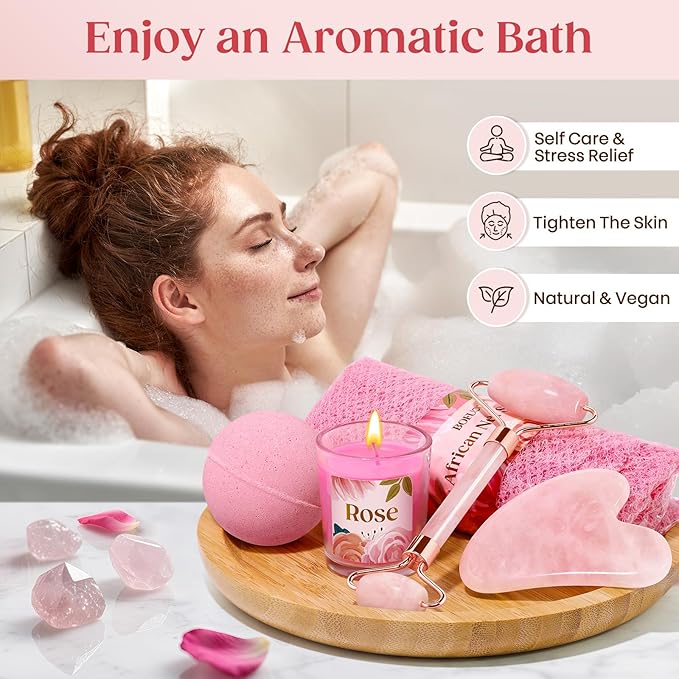 Birthday Gifts for Women - Luxurious Self Care Relaxation, Christmas, Holiday, Valentines Day Gift Ideas for Her, Friends, Wife, Mom, Daughter, Sister, Aunt, Unique Pink Beauty Gift Set