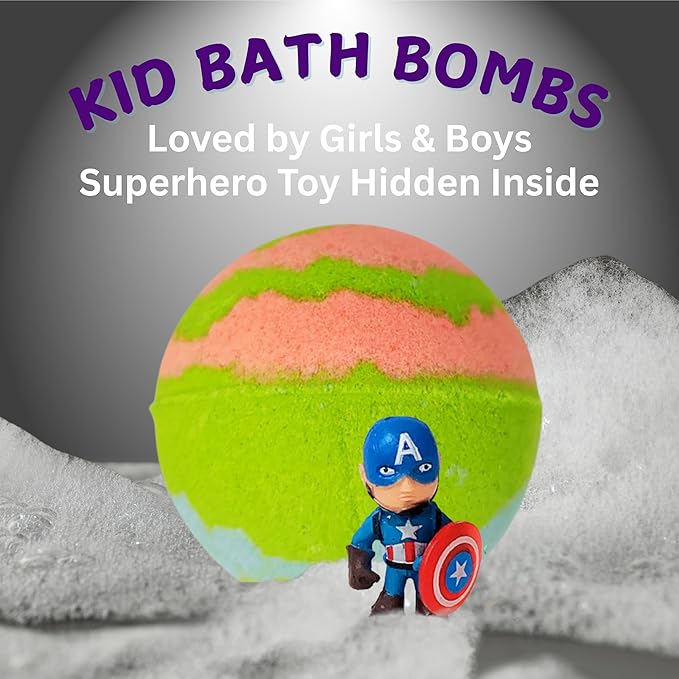 EvolutionUSA 1pc Purple Epic Superhero Bath Bombs for Kids, Super Hero Bath Bomb with Toy Inside, Lush Children Bathbomb, Organic Bathbomb with Surprise Inside, Fizzy Fun Superhero Bath Ball