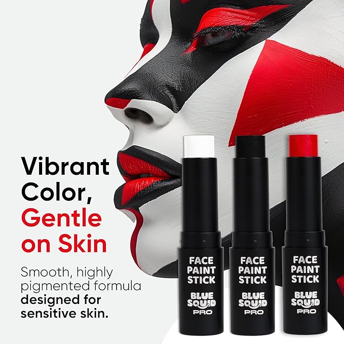 Blue Squid PRO Red, White and Black Face Paint Stick - Waterproof Body Paint Adults & Kids Eye Black Baseball, Eyeblack Softball -Hypoallergenic Twist-Up Non-Toxic Makeup Stick - Cosplay, Sports & SFX
