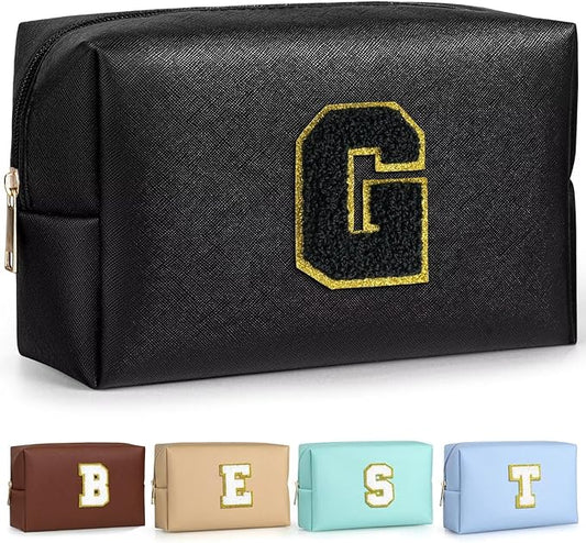 TOPEAST Travel Makeup Bag, Personalized Initial Toiletry Bag w Zipper, Cute Makeup Pouch, PU Leather Waterproof Cosmetic Bag, Birthday Gift for Daughter, Preppy Things for Girls (Black G)