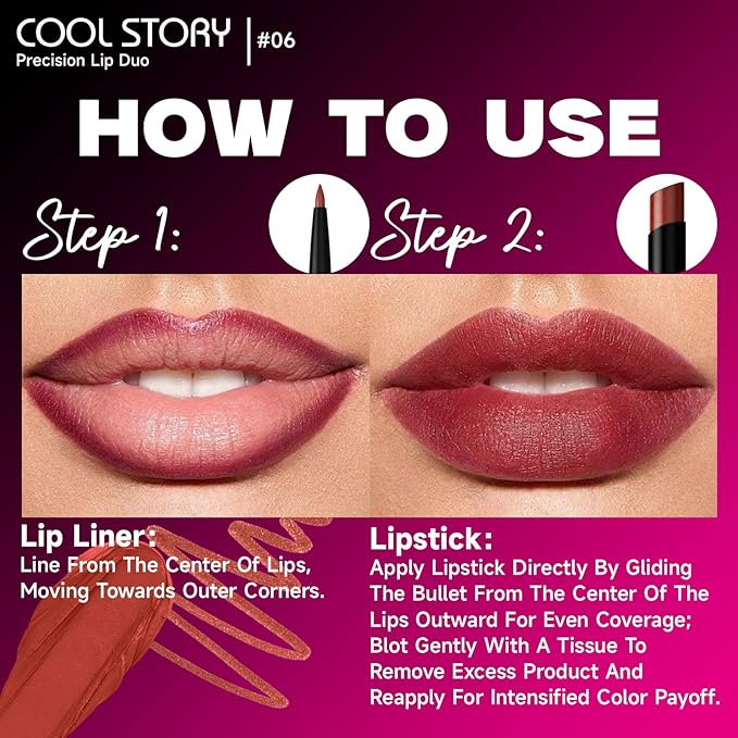 COOL STORY 2 Piece Lip Liner and Lipstick Set, Long Lasting Formula, Professional Makeup Kit (06)