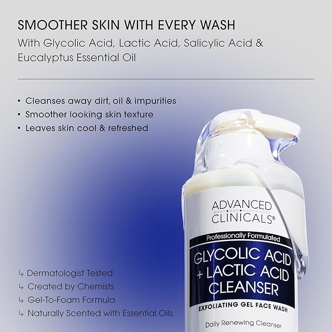 Advanced Clinicals Glycolic Acid Exfoliating Face Wash For Women & Men | Lactic Acid & Salicylic Acid Facial Cleanser | Glycerin Gel Gleanser Helps Gently Exfoliate & Cleanse Dirt & Oil, 11.75 Fl Oz