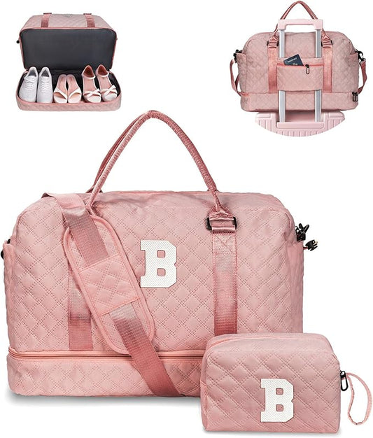 Trip Gifts for Mom From Daughter - 5 6 7 8 9 10 11 12 13 14 15 16 Year Old- Duffle Bag with Shoe Compartment,Teen Weekender Bag, Letter Travel Bag with Makeup Bag (Letter B)